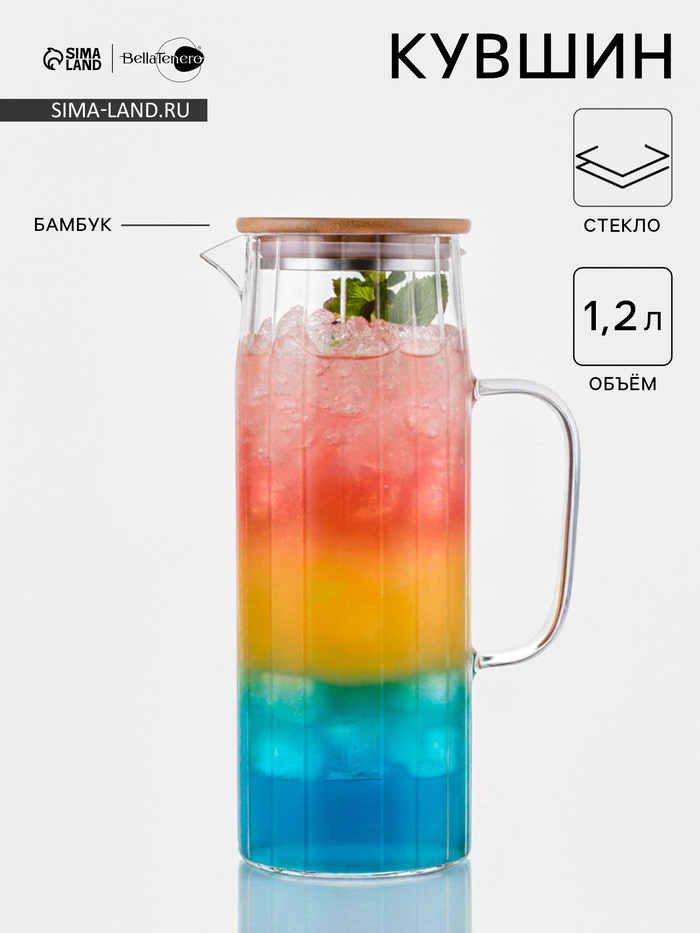 Кувшин Bella Tenero «Эко. Дольки», 1.2 л, 9×14×24.5 см, с бамбуковой крышкой, стекло, прозрачный - Фото 1