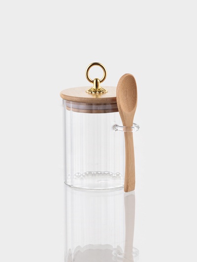 Cахарница BellaTenero, 500 мл, 8×8×10.4 см, с бамбуковой крышкой, держателем для ложки, стекло, прозрачная