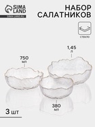 Набор салатников «Вулкан», 3 шт., 380/750/1450 мл, d=13/16.5/20 см, с золотой отводкой, стекло, прозрачный - Фото 1