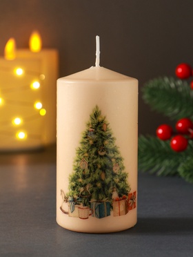 Свеча новогодняя 50×100 мм, с декором, мишка, бежевая