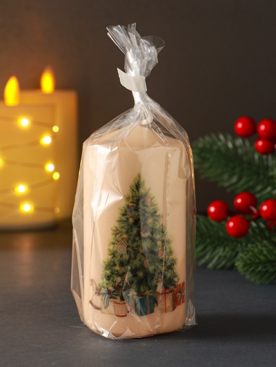 Свеча новогодняя 50×100 мм, с декором, мишка, бежевая