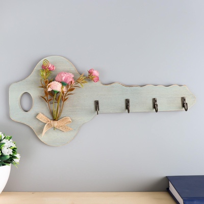 УЦЕНКА Крючки декоративные дерево "Ключик с букетом цветов" 16,5х34х2,5 см