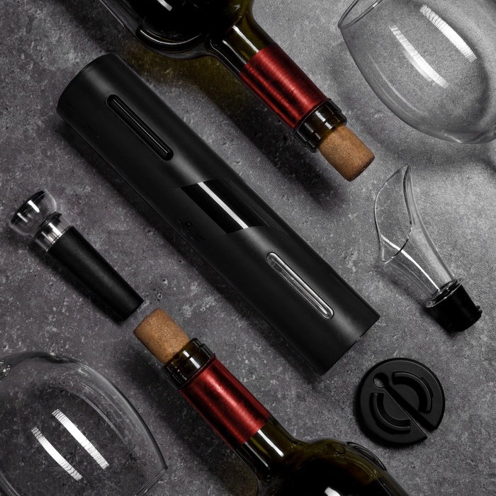 Набор сомелье электрический LSH-04, пробка, аэратор, штопор, от батареек, чёрный - Фото 1