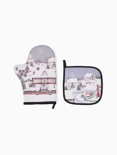 Набор кухонный «Этель» Winter village, варежка-прихватка 20×28 см, прихватка 19×19 см