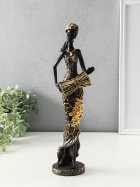 Фигура полистоун «Африканка в косынке с цветами и барабаном», чёрный, 8.5×8.5×39 см
