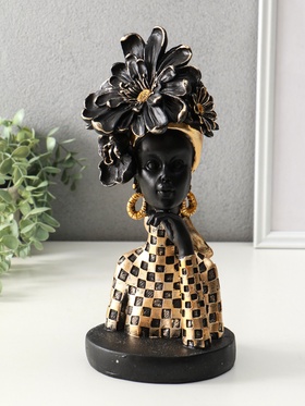 Бюст полистоун «Девушка с цветком, в наряде в клетку», чёрный, 13.3×12.3×29.5 см