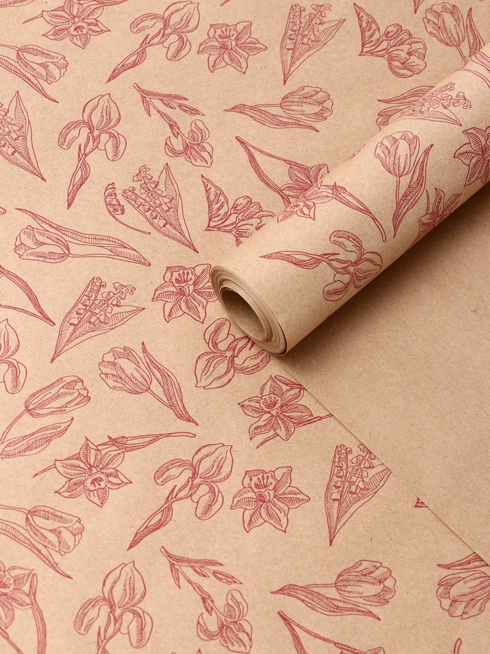 Бумага упаковочная крафт «Ирисы» красный цвет на коричневом фоне, 0.72×10±5% м, 60 г - Фото 1