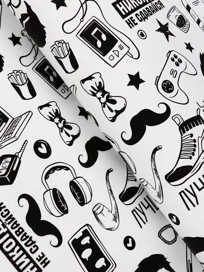 Бумага упаковочная крафт «На стиле» черный цвет на белом фоне, 0.72×10±5% м, 60 г