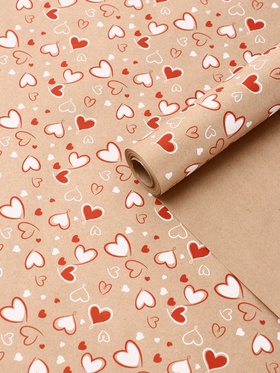 Бумага упаковочная крафт «Сердечки 2» красный/белый цвет на коричневом фоне 0.72×10±5% м, 60 г