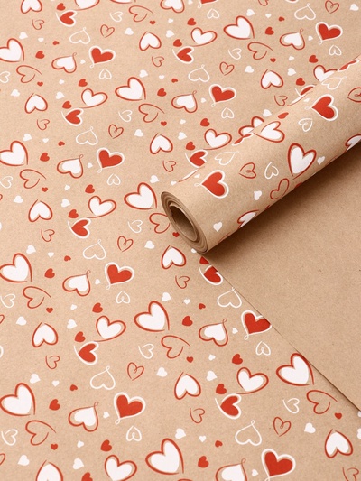 Бумага упаковочная крафт «Сердечки 2» красный/белый цвет на коричневом фоне 0.72×10±5% м, 60 г