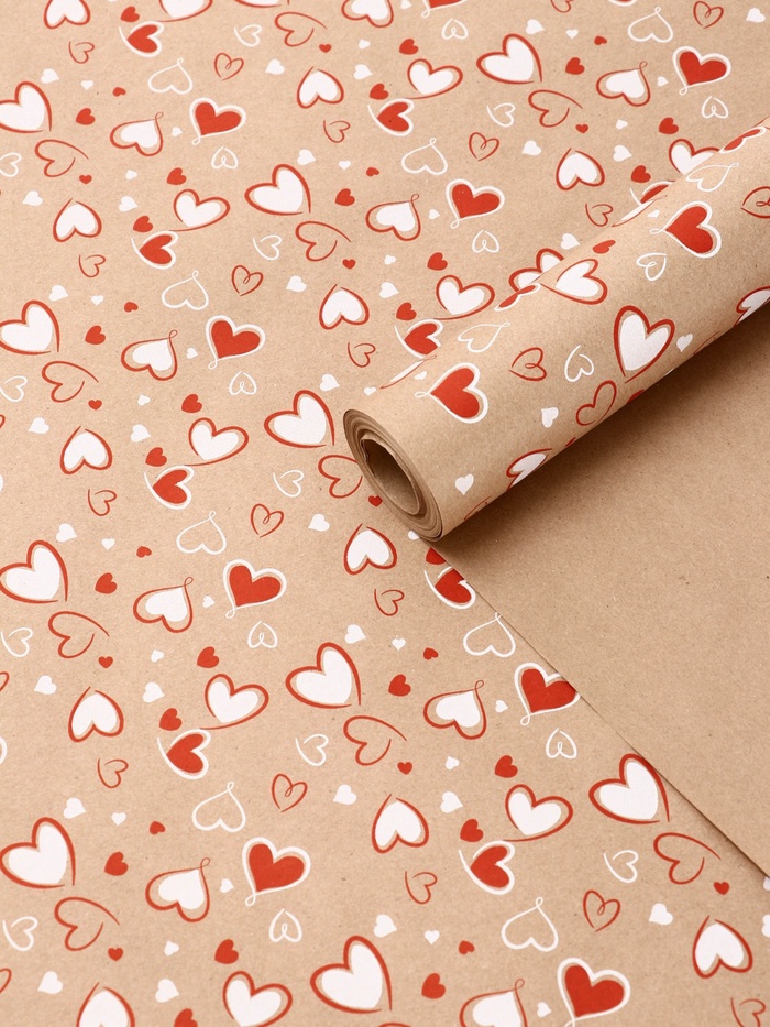 Бумага упаковочная крафт «Сердечки 2» красный/белый цвет на коричневом фоне 0.72×10±5% м, 60 г - Фото 1