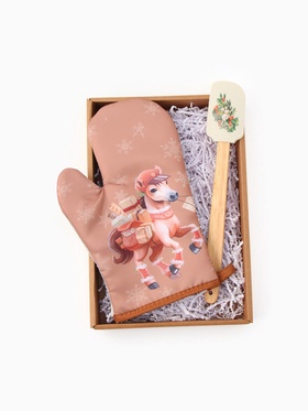 Набор подарочный новогодний «Почтовая лошадка» варежка-прихватка, лопатка силикон