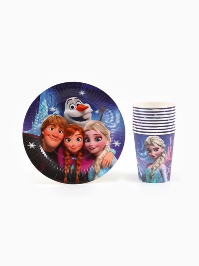 Посуда одноразовая бумажная на 10 персон: стаканы, тарелки, скатерть, Холодное сердце