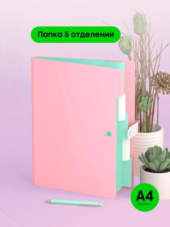 Папка А4, 5 отделений, Calligrata, 600 мкм, на кнопке, розовая, матовая - Фото 1