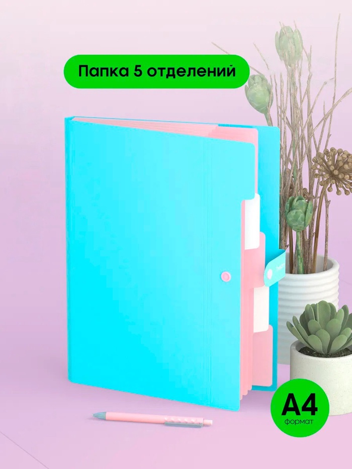 Папка А4, 5 отделений, Calligrata, 600 мкм, на кнопке, голубая, матовая - Фото 1
