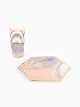 Набор посуды для праздника на 12 персон, мрамор розовый (тарелки 23 см, стакан 250 мл)
