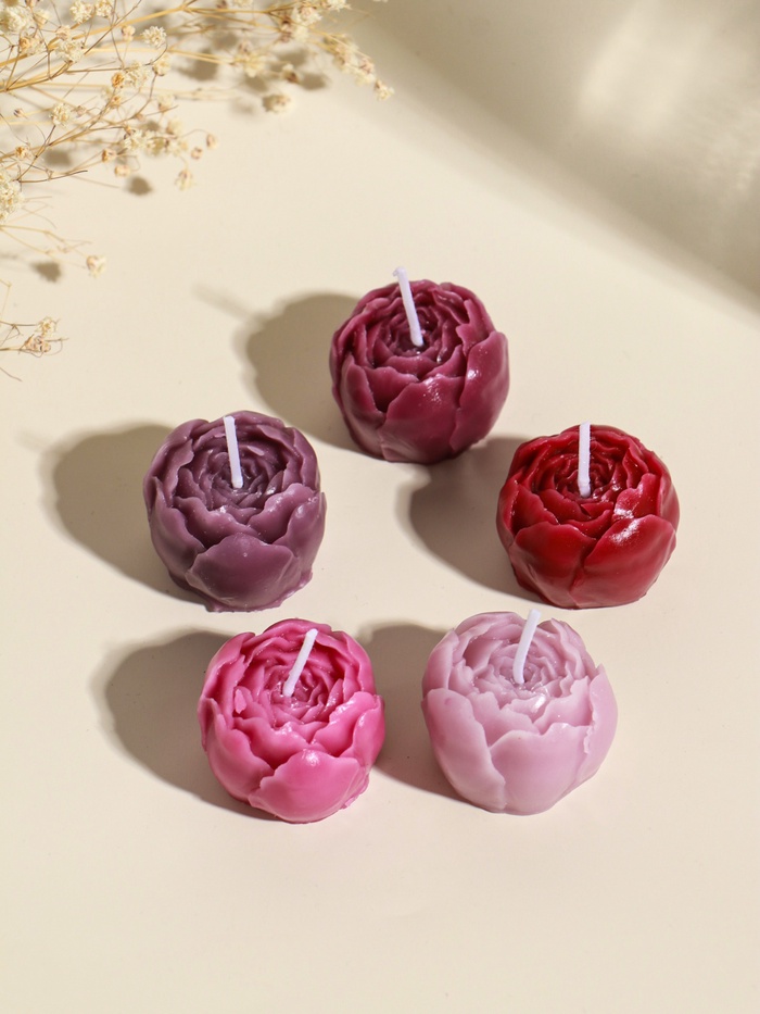 Набор свечей декоративных «Пионы», 5 шт. 3.5×3.5×2.5 см, розово-фиолетовые, 6.5×22.5×3.5 см - Фото 1