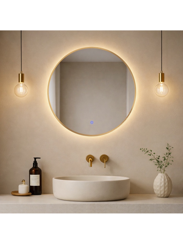 Зеркало настенное сенсорное, с LED – подсветкой, в круглой раме из алюминия, d=50 см, цвет медный