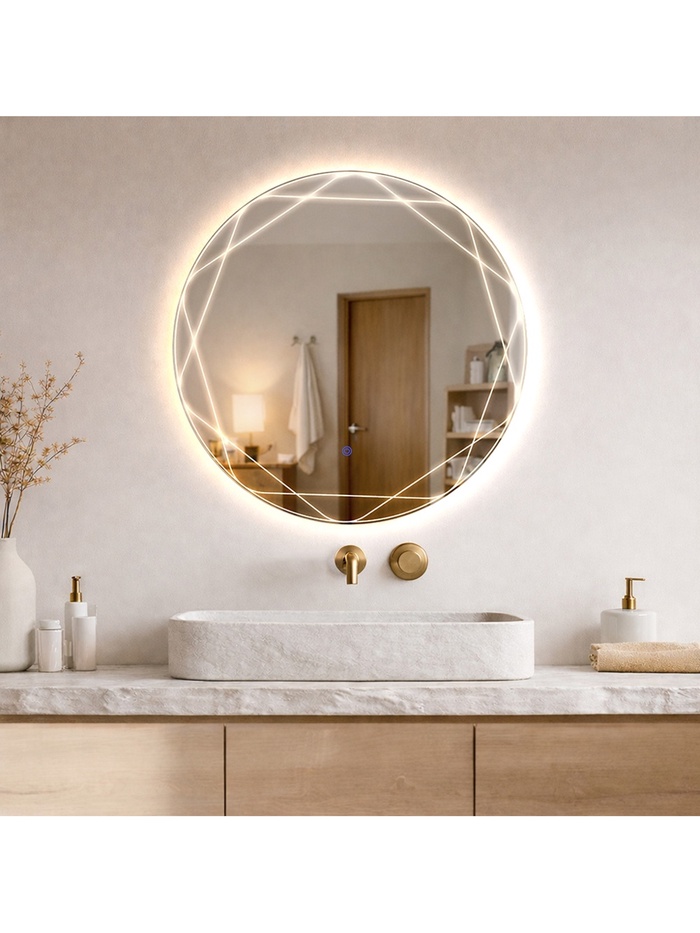 Зеркало настенное сенсорное, с LED – подсветкой, с гравировкой полосы, d=60 см