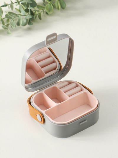 Шкатулка для украшений с зеркалом, с ручкой 3 ячейки, 3 полосы, серый, пластик, 9×9×3.8 см