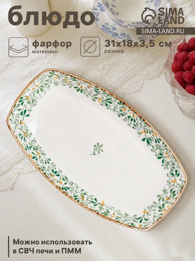 Блюдо сервировочное «Гармония лепестков», 31×18×3.5 см, фарфор, белое, зелёное