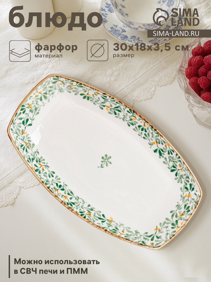 Блюдо сервировочное «Гармония лепестков», 30×18×3.5 см, фарфор, белое, зелёное - Фото 1
