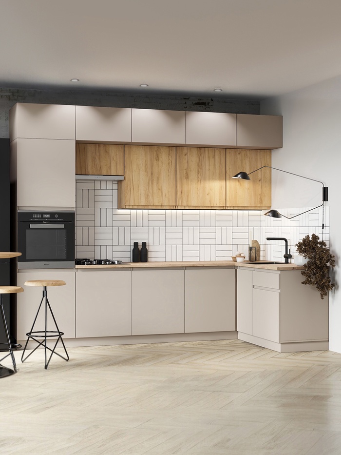 УЦЕНКА Кухонный гарнитур угловой в потолок 3000х1600 Виктория, Кашемир/Дуб крафт - Фото 1