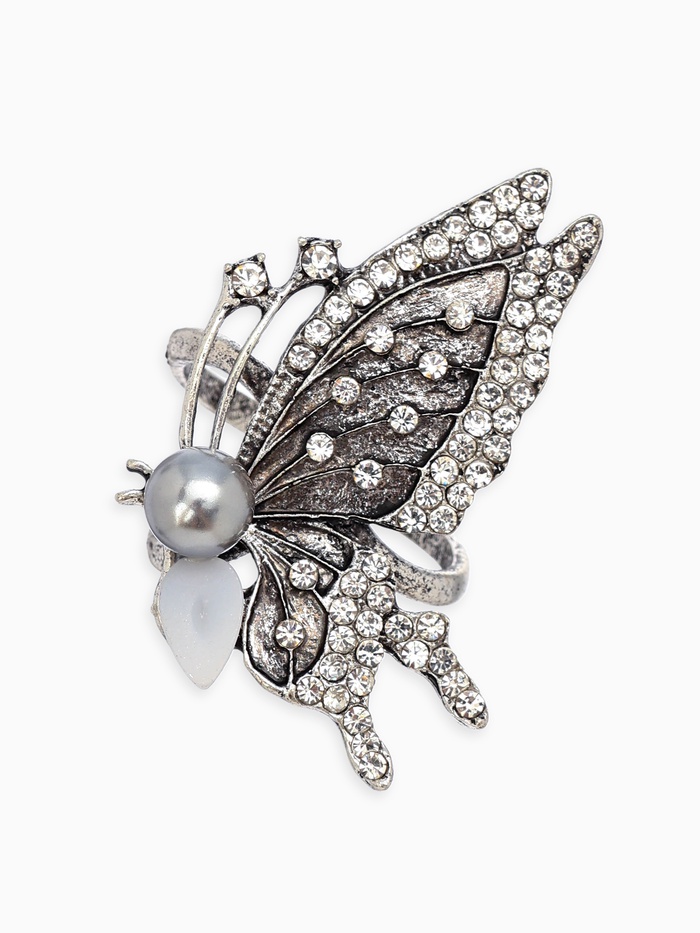 Кольцо для платка «Бабочка профиль», белое в чернёном серебре - Фото 1