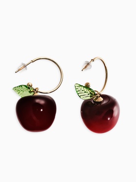Серьги-кольца «Черешня с листочком», бордовые в золоте 10904777