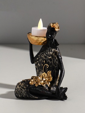 Фигурка-подсвечник на 1 свечу «Африканка в чёрном платье с цветами с золотом», полистоун, d=4.5 см, 11×13×16 см