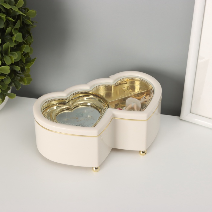 УЦЕНКА Шкатулка музыкальная пластик механическая "Двойное сердце белое" 6х16х10 см - Фото 1