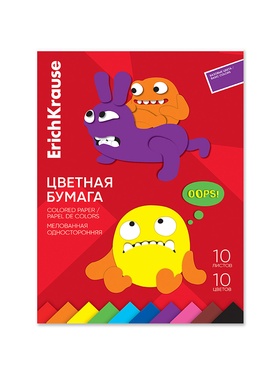 Бумага цветная ErichKrause. Jolly Friends, А4, 10 цветов, 10 листов, односторонняя, мелованная, на склейке