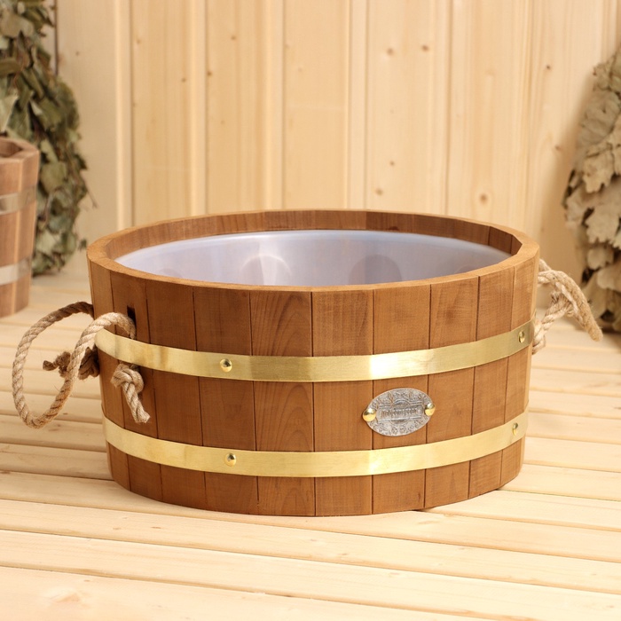 УЦЕНКА Шайка 10 л с пластиковой вставкой, ручки веревка, латунный обруч ТЕРМО липа - Фото 1