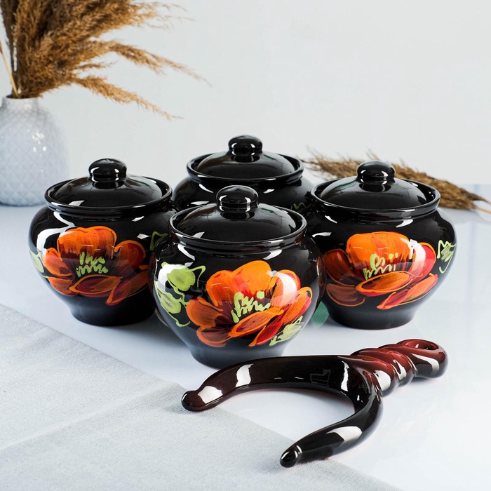 УЦЕНКА Набор горшков «Подарочный с ухватом» 3×0.85 л / 27×21×13 см, мак на черном - Фото 1