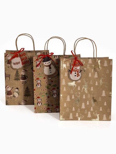 Набор подарочных крафтовых пакетов с шильдиком «Новый год», 3 шт, 25 × 30.5 × 12.5 см, тиснение