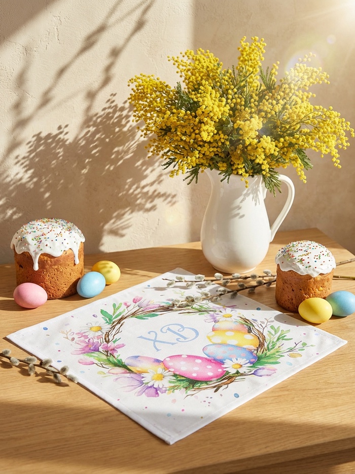 Салфетка пасхальная на стол «Пасхальный венок» 65×65 см - Фото 1