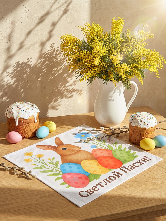Салфетка пасхальная на стол «Пасхальный кролик» 65×65 см - Фото 1
