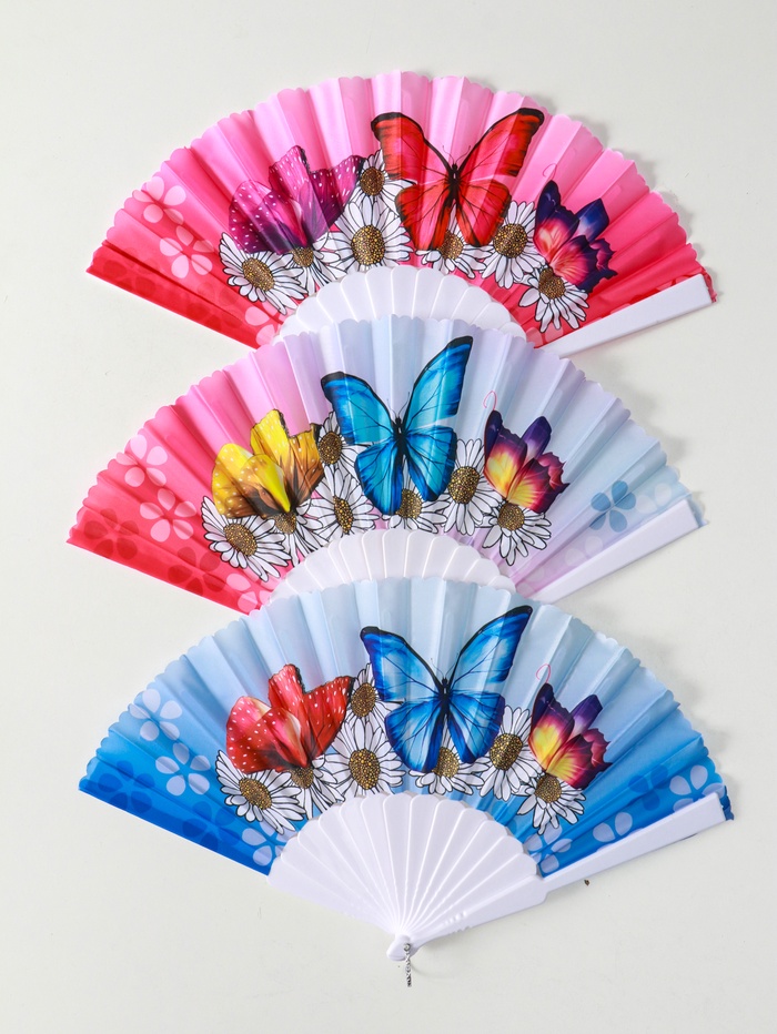 Веер складной «Ромашки и бабочки», широкие лопасти, 23 см, МИКС