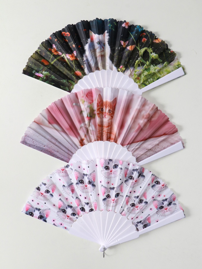 Веер складной «Кошечки и цветы», широкие лопасти, 23 см, МИКС - Фото 1