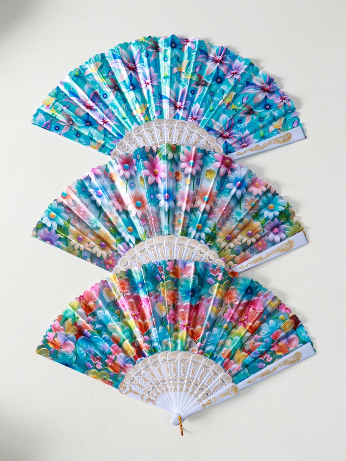 Веер складной «Россыпь цветов», широкие лопасти, 23 см, МИКС