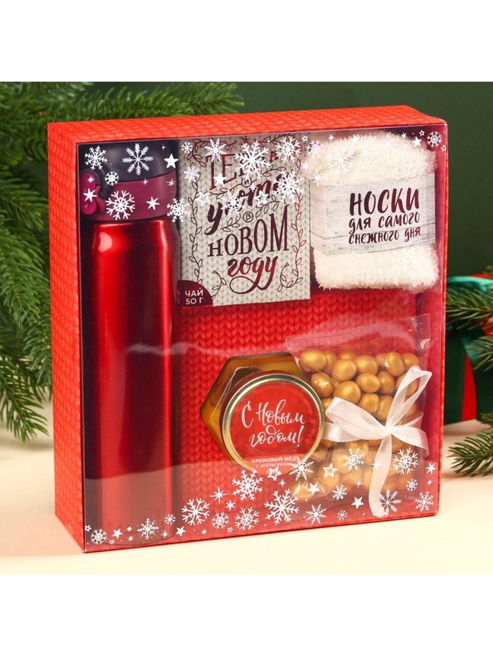 УЦЕНКА подарочный набор новогодний «С Новым годом», чай 50 г, крем-мед 120 г, носки 36-39 р, термос 500 мл, арахис в глазури 100 г - Фото 1