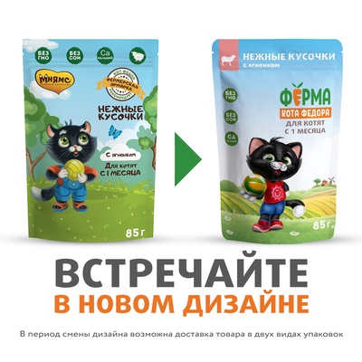 Влажный корм для котят «Ферма кота Фёдора», нежные кусочки в желе с ягненком, 85 г