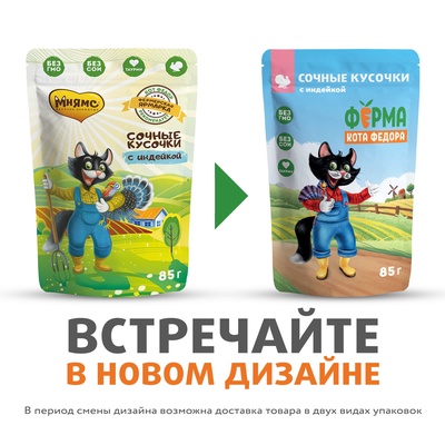 Влажный корм для кошек «Ферма кота Фёдора», сочные кусочки в соусе, с индейкой, 85 г