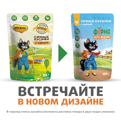 Влажный корм для кошек «Ферма кота Фёдора» сочные кусочки в соусе, с курицей, 85 г