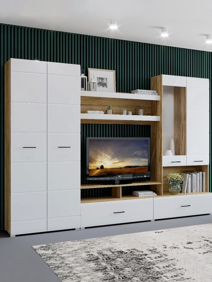 УЦЕНКА Гостиная Ненси 1, 2800×2000×466, Дуб золотой/Белый - Фото 1