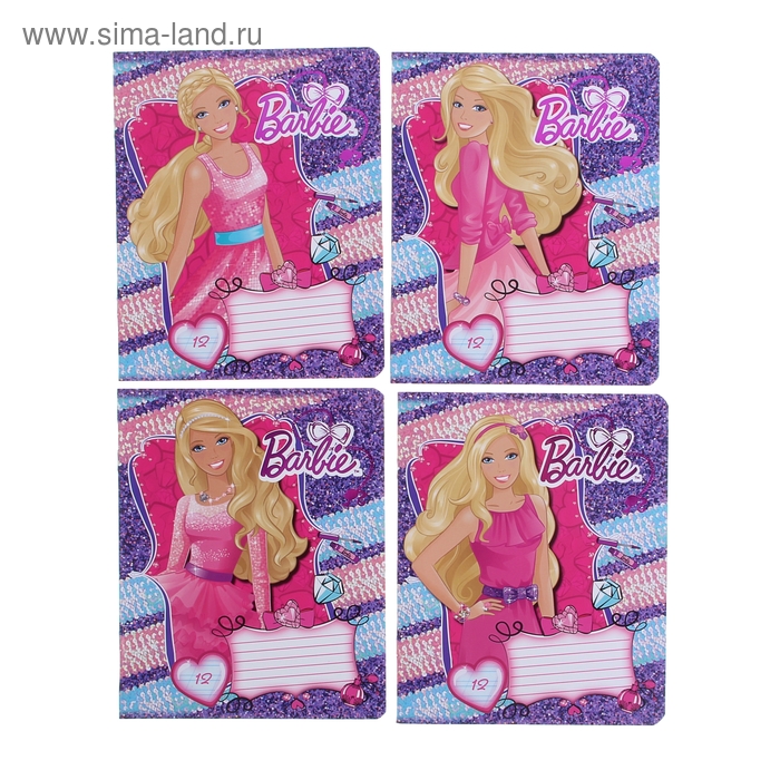 Тетрадь 12 листов косая линейка Barbie, обложка мелованный картон, выборочный УФ-лак, фольга, МИКС - Фото 1