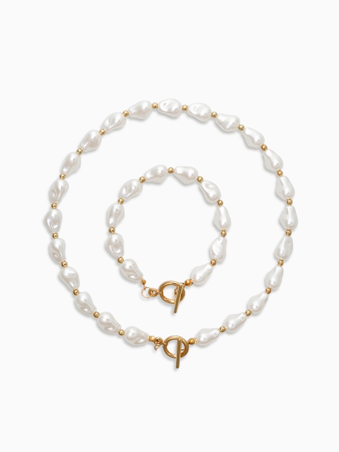 Набор 2 предмета: бусы, браслет «Жемчуг барочный. Капля», 40/18 см, белый в золоте - Фото 1