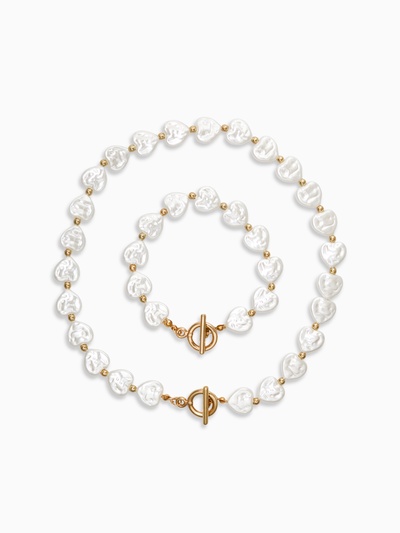 Набор 2 предмета: бусы, браслет «Жемчуг барочный. Сердечки», 40/18 см, белый в золоте