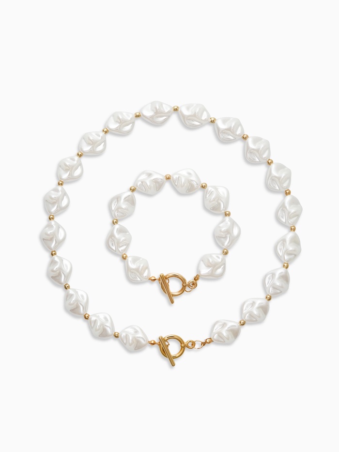 Набор 2 предмета: бусы, браслет «Жемчуг барочный. Ромб», 40/18 см, белый в золоте - Фото 1