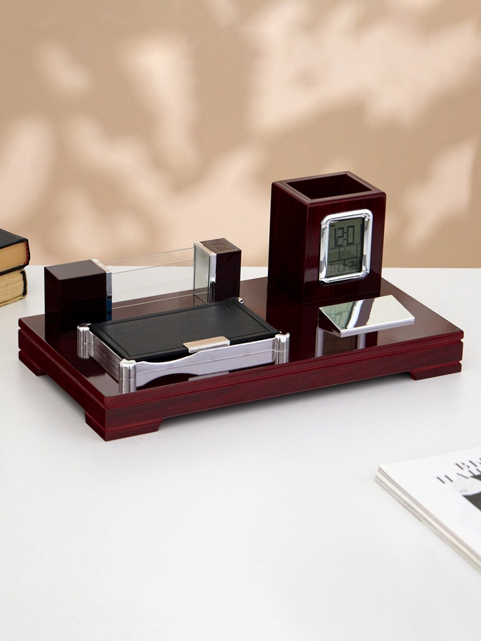 УЦЕНКА Набор настольный канцелярский 4 в 1 с часами, красное дерево - Фото 1